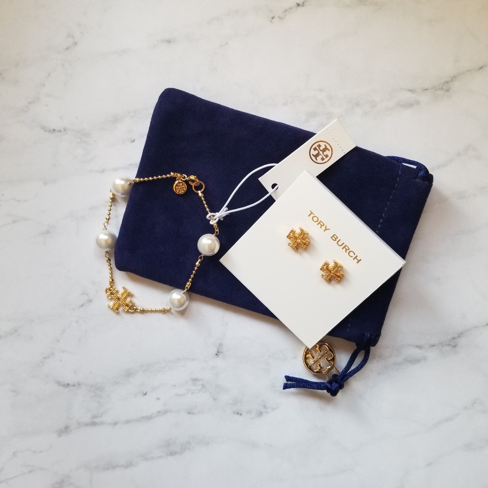 Tory Burch Gold Logo Earrings & Pearl Bracelet Set